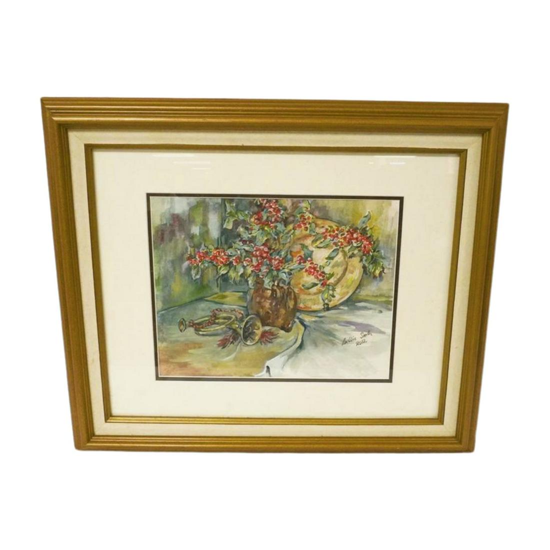 BILLIE SMITH ORIGINAL WATERCOLOR: Original Holly Still Life Watercolor by lowcountry artist Billie Smith. Framed and double matted. Measures with mat 25"x21"x2. Weight 6 pds. PROVENANCE: A Private Charleston SC Estate.