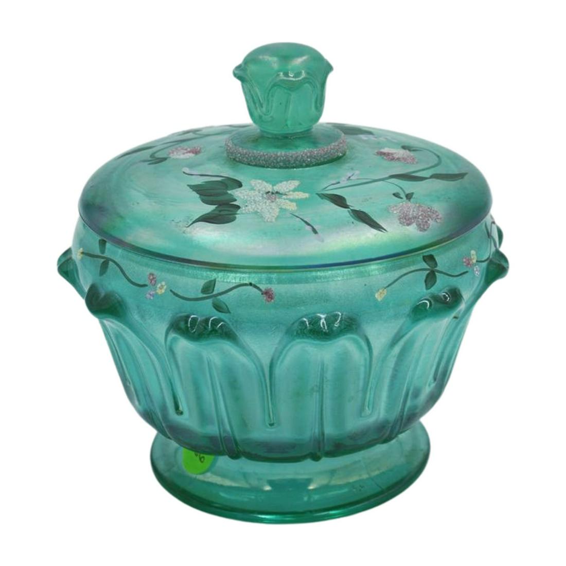 FENTON HAND PAINTED IRIDESCENT SPRUCE GREEN CANDY BOWL (1 of 4)