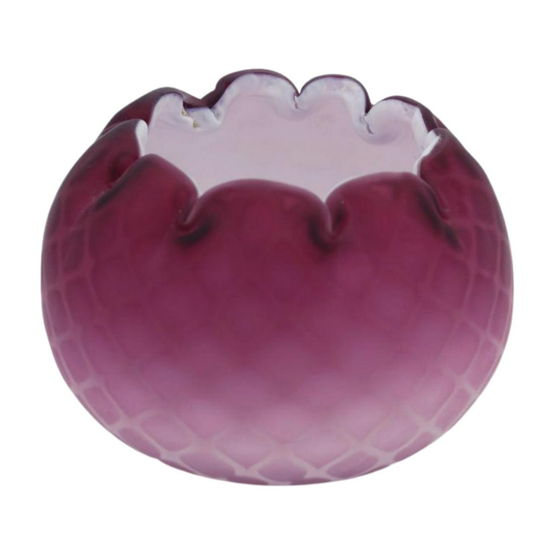 MURANO BLOWN DIAMOND QUILTED ROSE BOWL: Hand Blown Murano Diamond Quilted Cased Satin Glass Decorative Red/Pink Rose Bowl Vase. This piece is beautifully decorated with diamond quilting atop a cased glass layer which graduates from red/pink