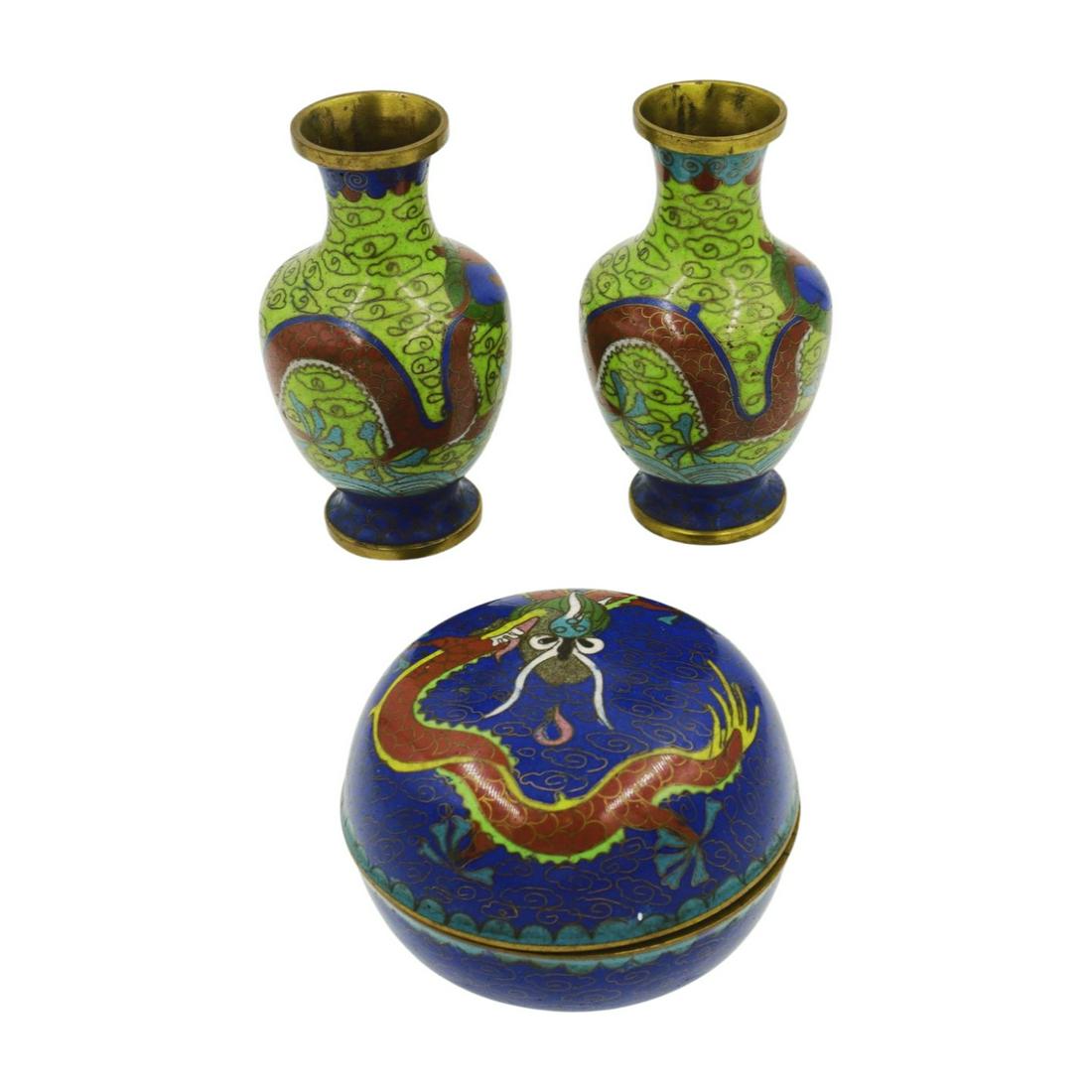 3 VINTAGE CHINESE DRAGON CLOISONNE BOX & VASES (1 of 7)