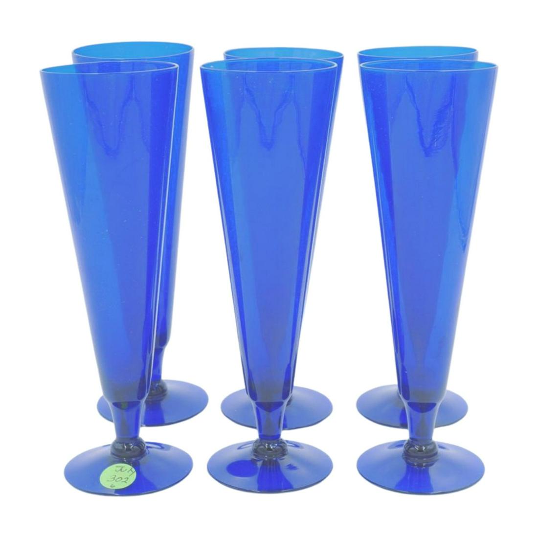 6 COBALT BLUE TALL MEMPHIS STYLE PILSNER GLASSES: 6 Vintage Cobalt Blue Pilsner Glasses. Tiny nick to 1 lip. 2.25"x2.25"x8". Weight 2 lbs 5 oz.