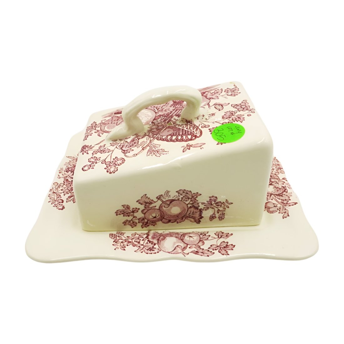 MASONS IRONSTONE LIDDED CHEESE KEEPER: Produced by Masons in England, the patented "Ironstone" ceramic lidded cheese keeper in the "Fruit Basket" pattern with beautiful transferware designs. This piece weighs 1 lb. and 1 oz and measures 6"