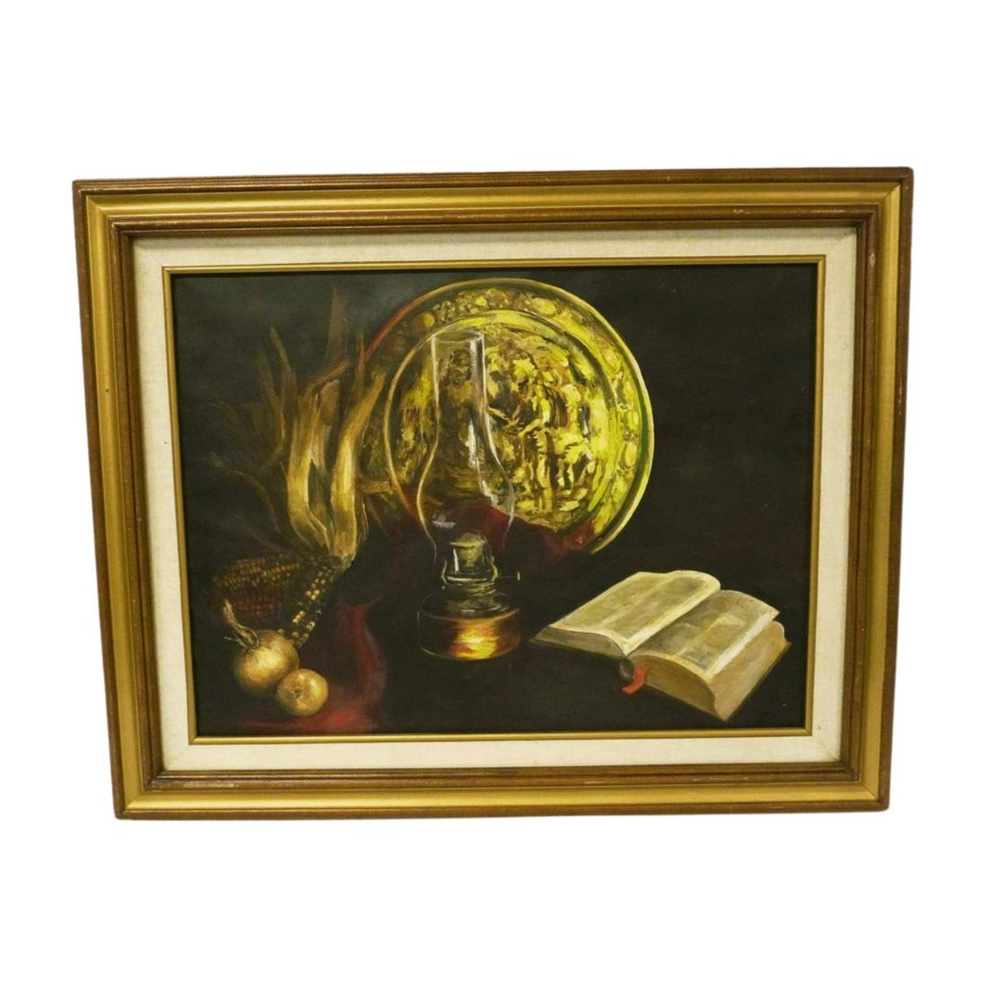 VINTAGE STILL LIFE ACRYLIC FRAMED: Vintage Still Life with Oil Lamp. Signed lower right. In wood frame with linen liner. Measures 30"x24.5"x2". Weight 4 pds.