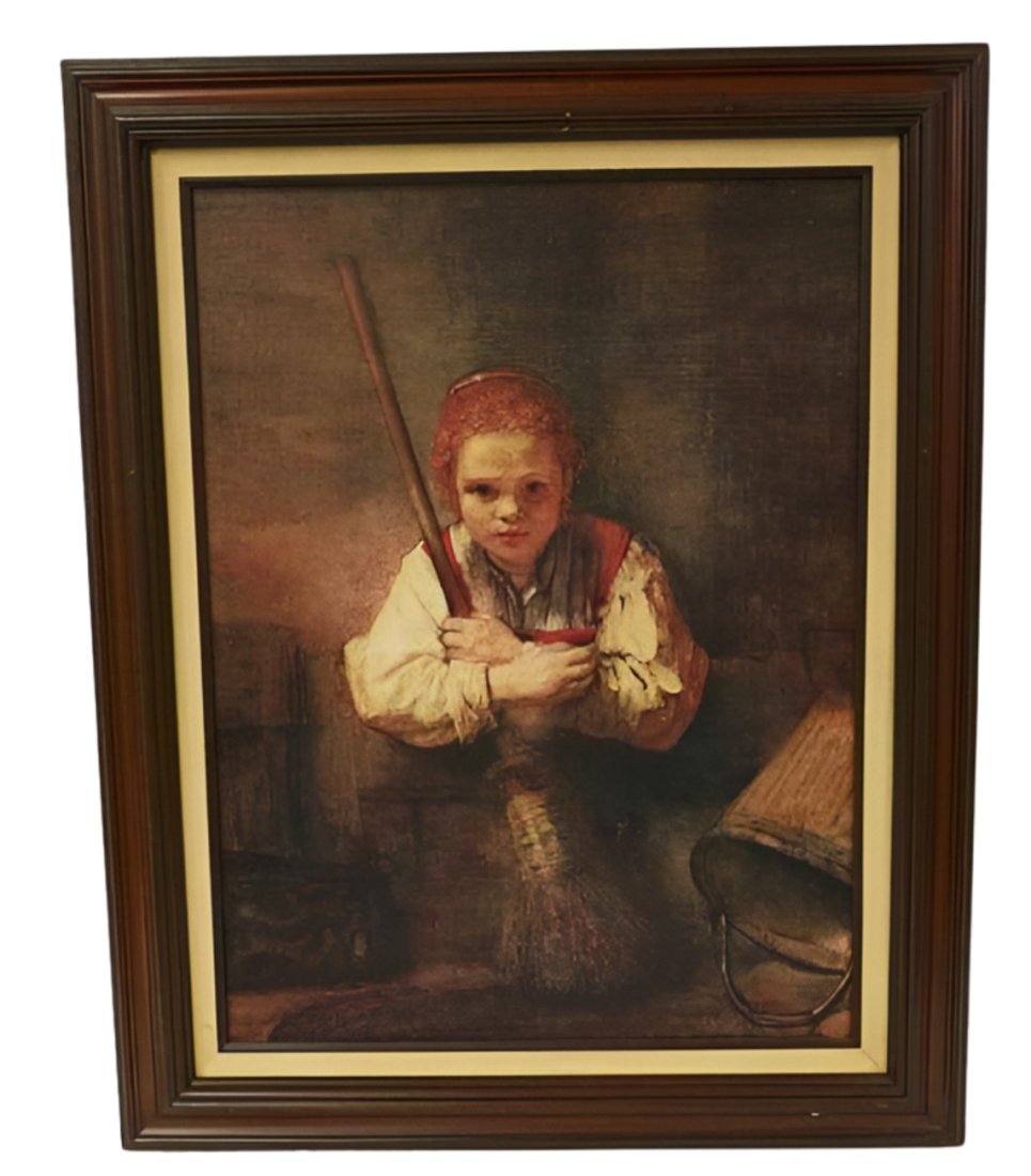 FRAMED REMBRANDT PRINT GIRL WITH A BROOM: Framed Rembrandt Print "Girl with a Broom. In wood frame with linen liner 24"x29"x2". Weight 4 lbs 8 oz.