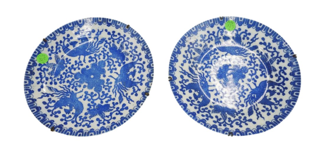 2 ANTIQUE NIPPON PHOENIX PLATES: 2 Antique Nippon Blue & White Pheasant Plates with wall hangers. 8.5"x8.5". Weight 1 pd 12 oz.