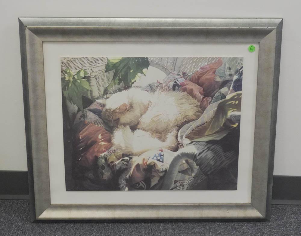 SLEEPING CAT ON THE PORCH FRAMED PRINT: Sleeping Cat on a Wicker Chair, Sun Porch. In silver leaf frame. In frame 28"x25"x1.5". Weight 6 lbs 11 oz.