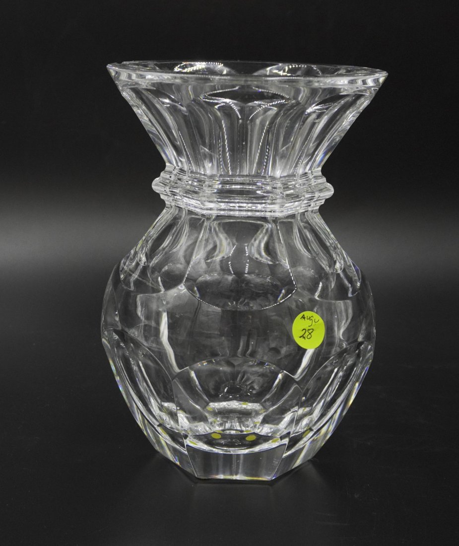 BACCARAT CRYSTAL VASE: Baccarat Crystal Vase. Chip to rim. 6"x6"x8.75". Weight 8 lbs 10 oz.round. Signed with and impressed chop character stamp to the underside. Professional restoration to base. Measures 12"x11"x9". Weigh