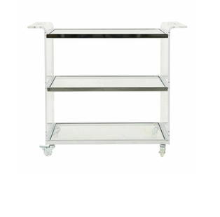 MID-CENTURY MODERN STYLE LUCITE FLAIR ARM BAR CART ON CASTERS: Mid Century Modern Style Lucite Flair Bar Cart on casters. Perfect for cocktail hour. measures 29.5" x 37.5" x 18"