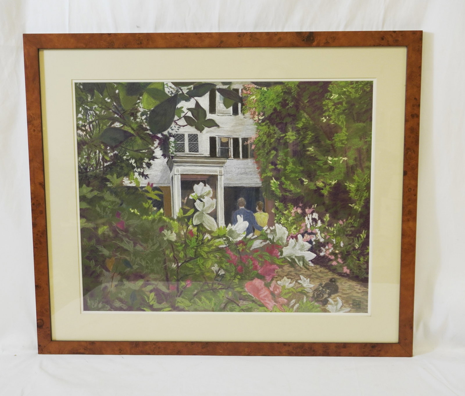 ORIGINAL OIL PASTEL CHARLESTON HOME: Large Oil Pastel of a downtown Charleston Home with a couple and dog. In frame 10 pds. PROVENANCE: The Historic Clelia Peronneau McGowan House, St. Michael's Alley, Charleston SC