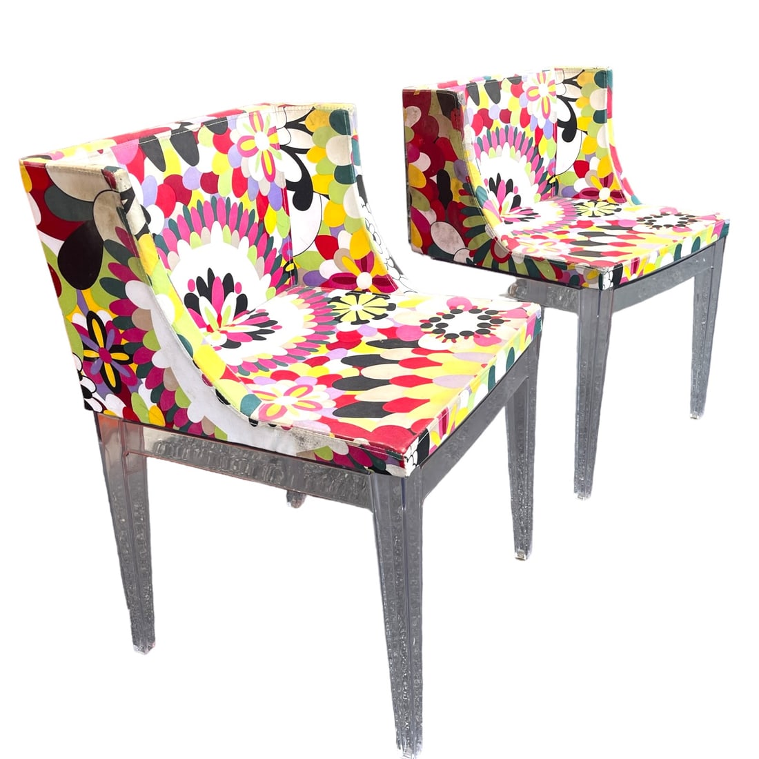 PAIR OF KARTELL PHILLIPE STARK MISSONI - MADEMOISELLE STYLE CHAIRS: This Chair is a Repo of the Classic 2003 Chair Designed By Phillipe Starck. This Chair Features a Compact Missoni Style Fabric Seat With Low-Profie Wingback set on a Clear Polycarbonate Plastic Frame