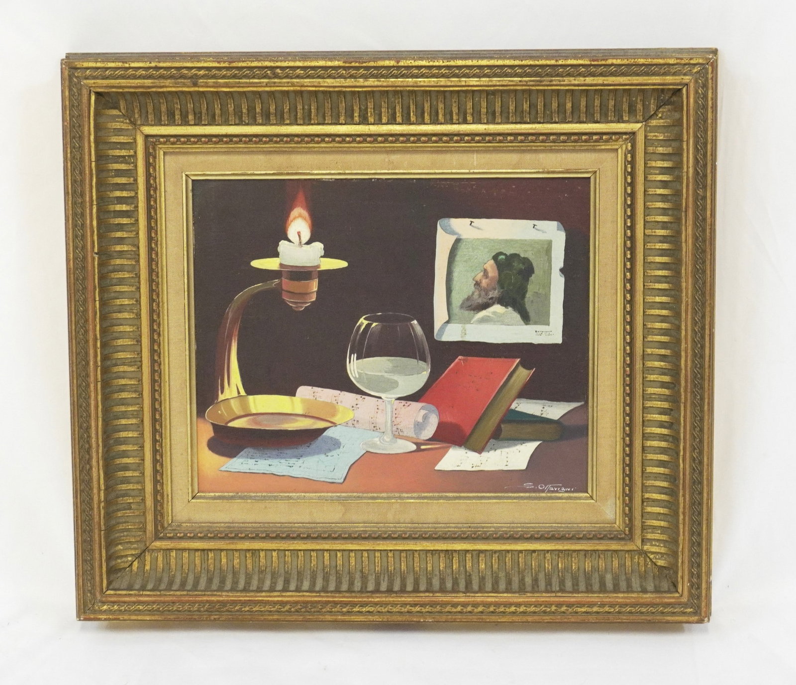 VINTAGE OIL ON WOOD STILL LIFE MUSIC & ART: Vintage Oil on Wood Panel, sheets of music, books and art in gilt wood frame. In frame 15"x13.5"x 1,75". Weight 3 lbs. 6 oz.