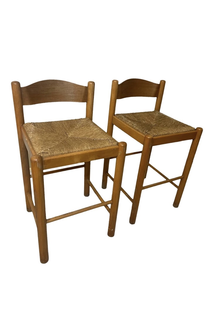 PAIR OF MID CENTURY MODERN MAPLE & RUSH STOOLS (1 of 7)