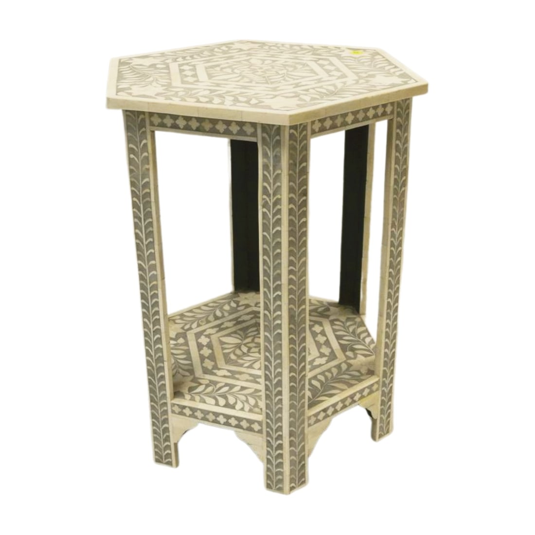 MOROCCAN BONE INLAID HEXAGONAL SIDE TABLE: Moroccan Bone Inlaid Hexagonal Side Table. Gray and white, scrolling florals. Measures 20"x18"x24" tall.