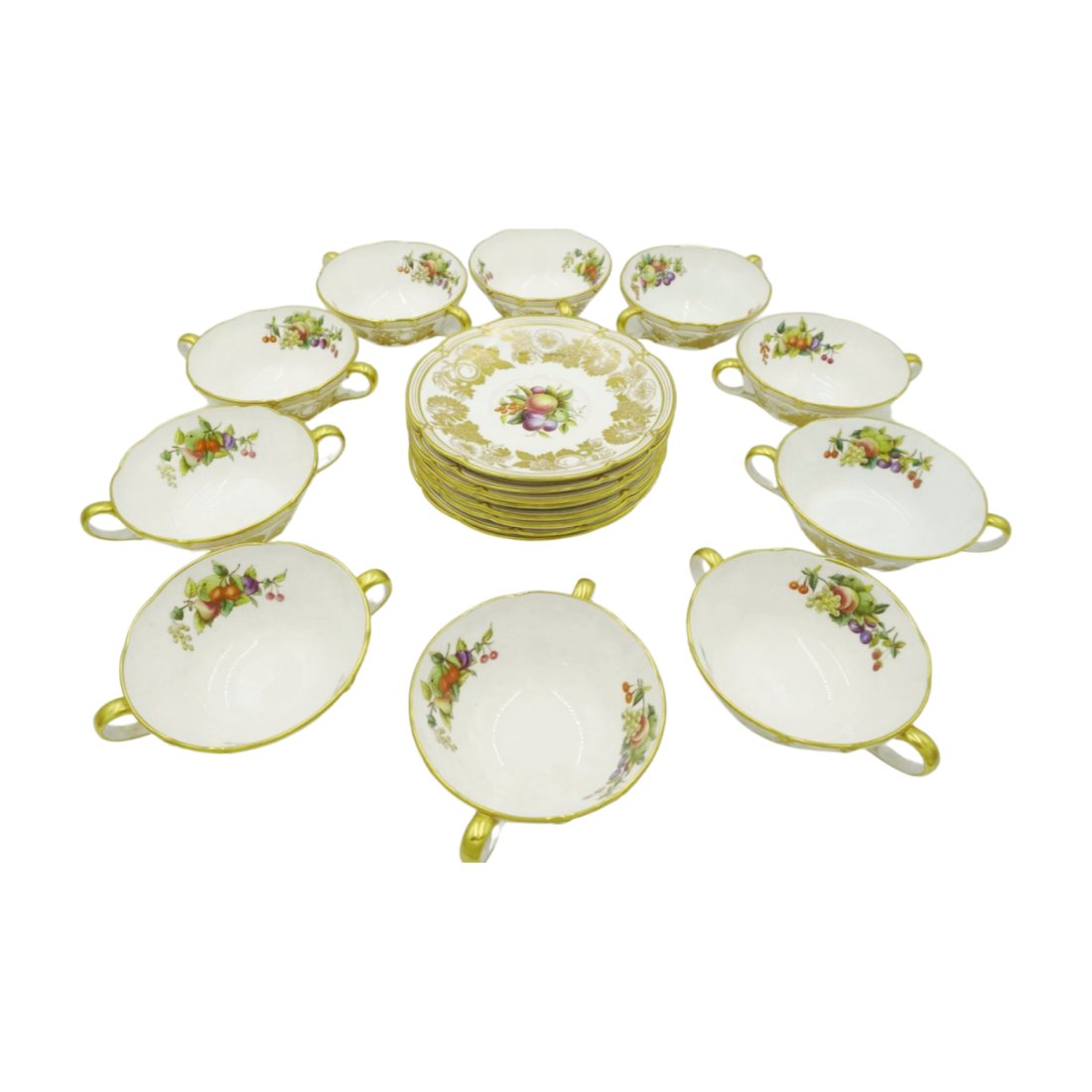 18 PC SPODE COPELAND CREAM SOUP SET: 18 Piece Spode Copeland Fine Bone China Cream Soup Set. 10 Bowls 6"x5".and 8 Underplates 6.5". Pattern No Y7049 Gold with Fruits circa Mid Century. Weight 7 pds. PROVENANCE: The collection of a Southe