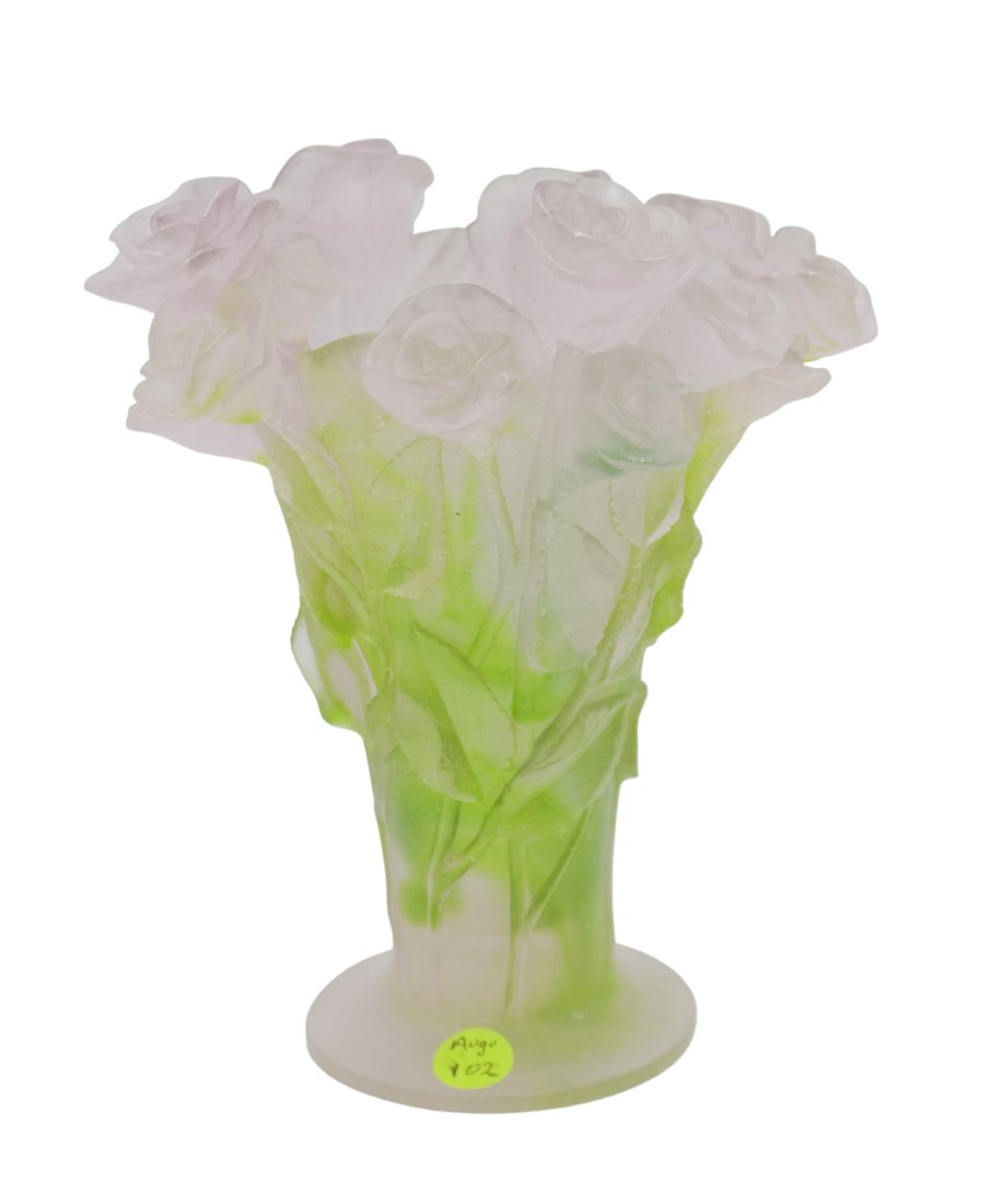 DAUM PATE DE VERRE ROSES VASE: Daum Pate de Verre Roses Vase, late 20th century Marks: Daum France 8.75" inches. Weight 5 pds.Terri Henning, The Peoples Building Penthouse,18 Broad Street, Charleston SC, as seen in Architectural Di