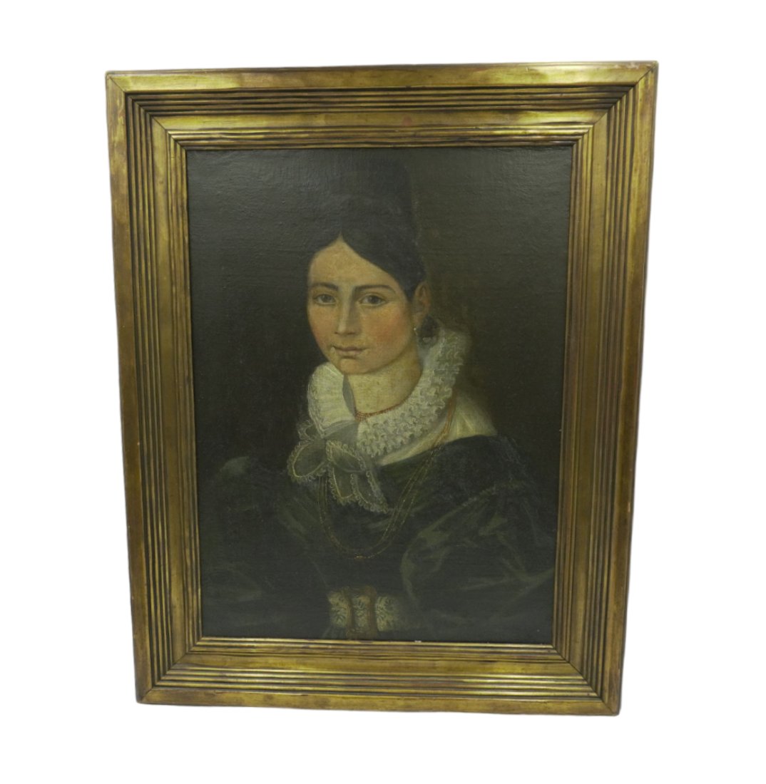 19th c OIL ON CANVAS SPANISH WOMAN PORTRAIT: Antique 19th c. Oil on Canvas Portrait of A Well Dressed Spanish Woman c. 1840-50. Fine detail, unsigned. Gilt wood frame 21"x26.5"x2". Weight 7 pds.