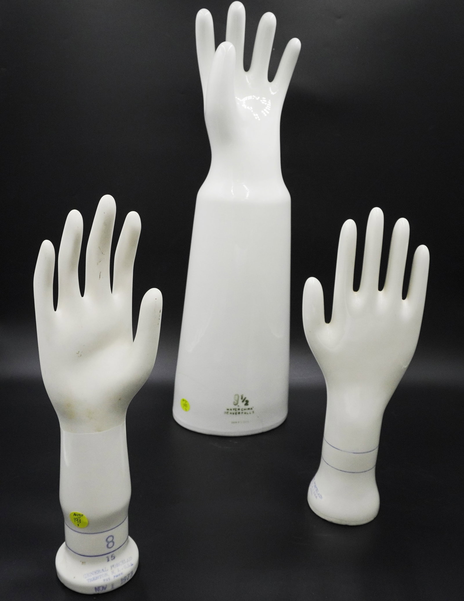 GROUP OF 3 VINTAGE PORCELAIN HAND MOLDS: Group of 3 Vintage Porcelain Hand Molds. Large is for Rubber Gloves and measures 6.5"x6.5"x22". The others are 5"x5"x14". Weight on all 12 pds. . PROVENANCE: Terri Henning, The Peoples Building Pentho