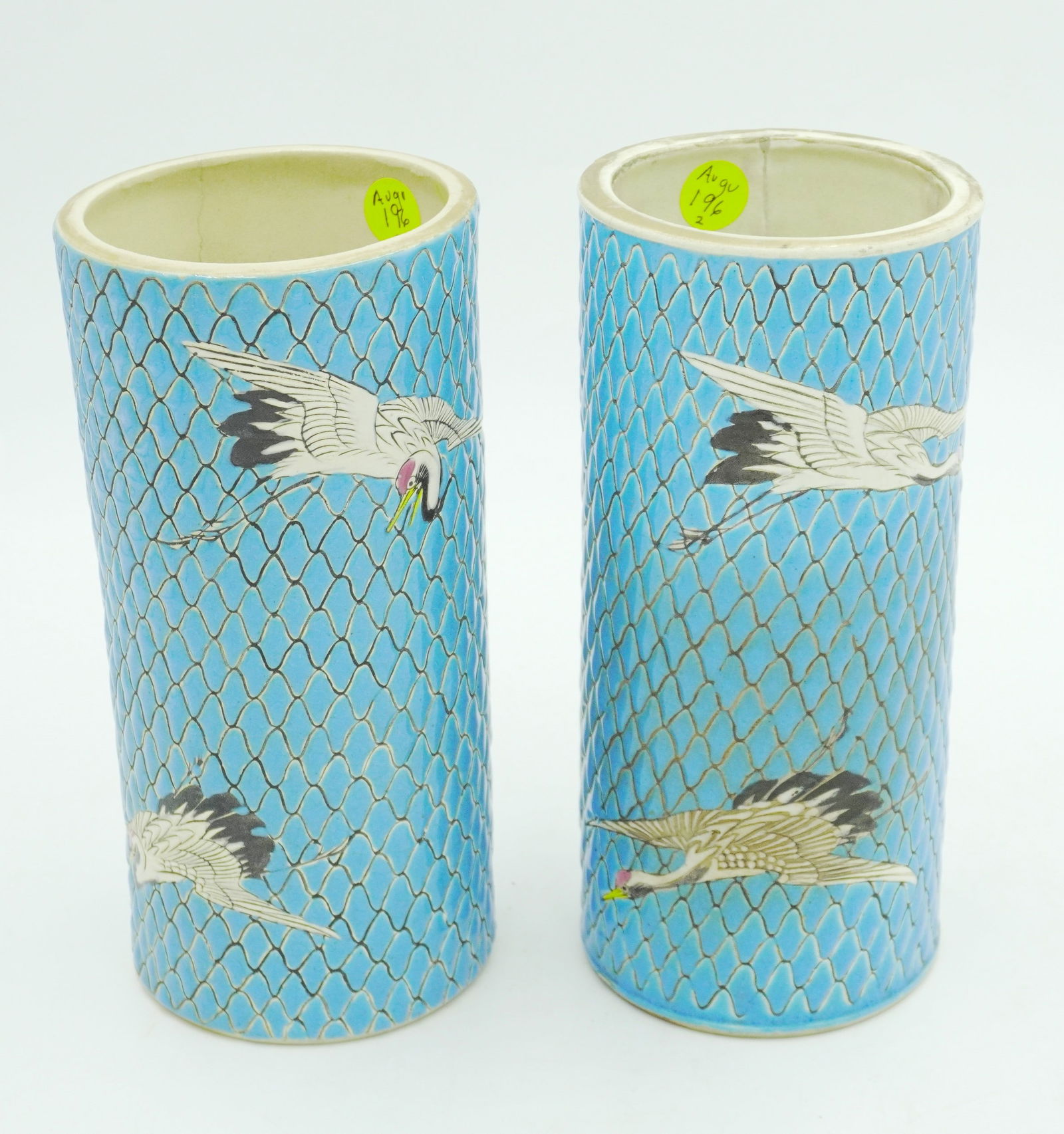 PAIR MEIJI ERA SATSUMA CRANE VASES TURQUOISE (1 of 7)