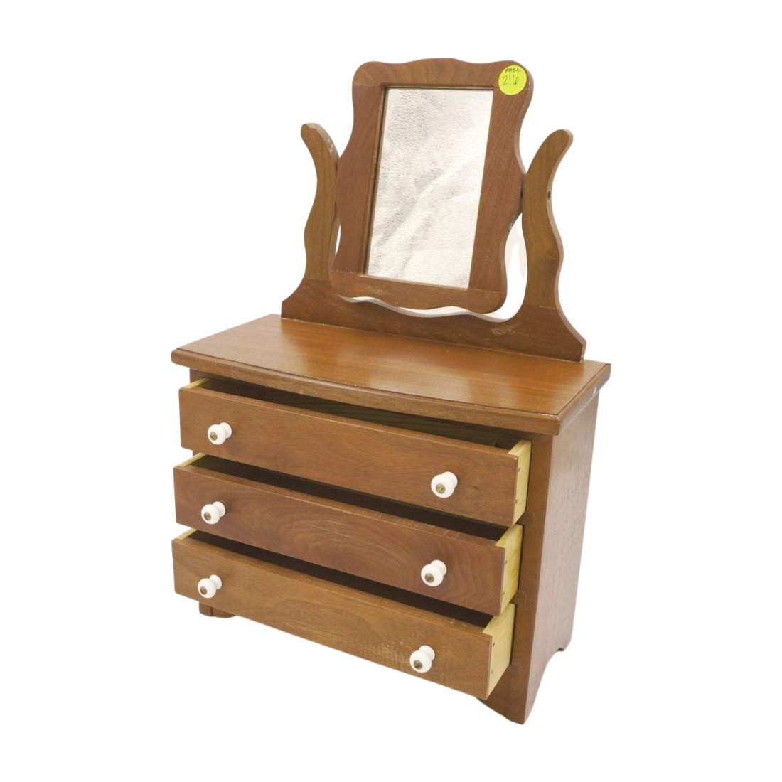 HAND CRAFTED MINIATURE CHEST WITH MIRROR: Miniature Hand Crafted Chest with Swing Mirror and 3 Drawers. Signed on the back. Measures 11x5x15.5" tall . 3 lbs 12 oz.