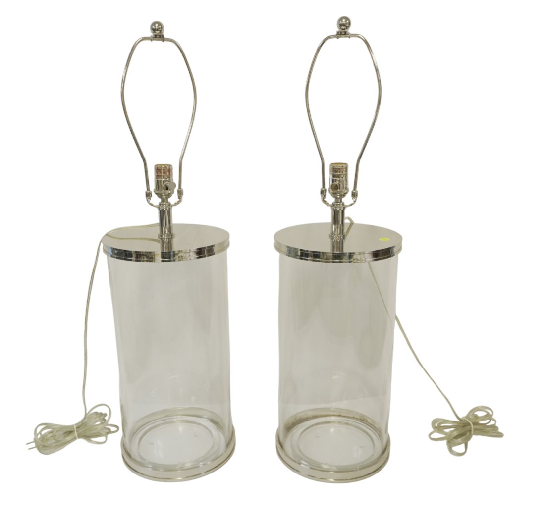 PAIR OF FILLABLE GLASS & CHROME LAMPS: Pair of Vintage Matched Fillable Glass Table Lamps. Measures 18" x 9.5" x 9.5" . Total weight 40 lbs.