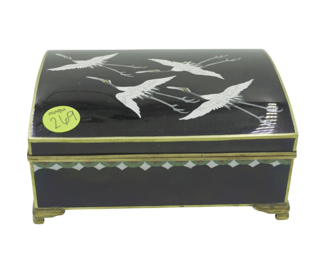 JAPANESE ENAMEL CRANE MUSIC BOX: Stunning Japanese enamel crane music box. Measures 2.5" tall and 5.5" wide. Total weight is 1 lb 15 oz.