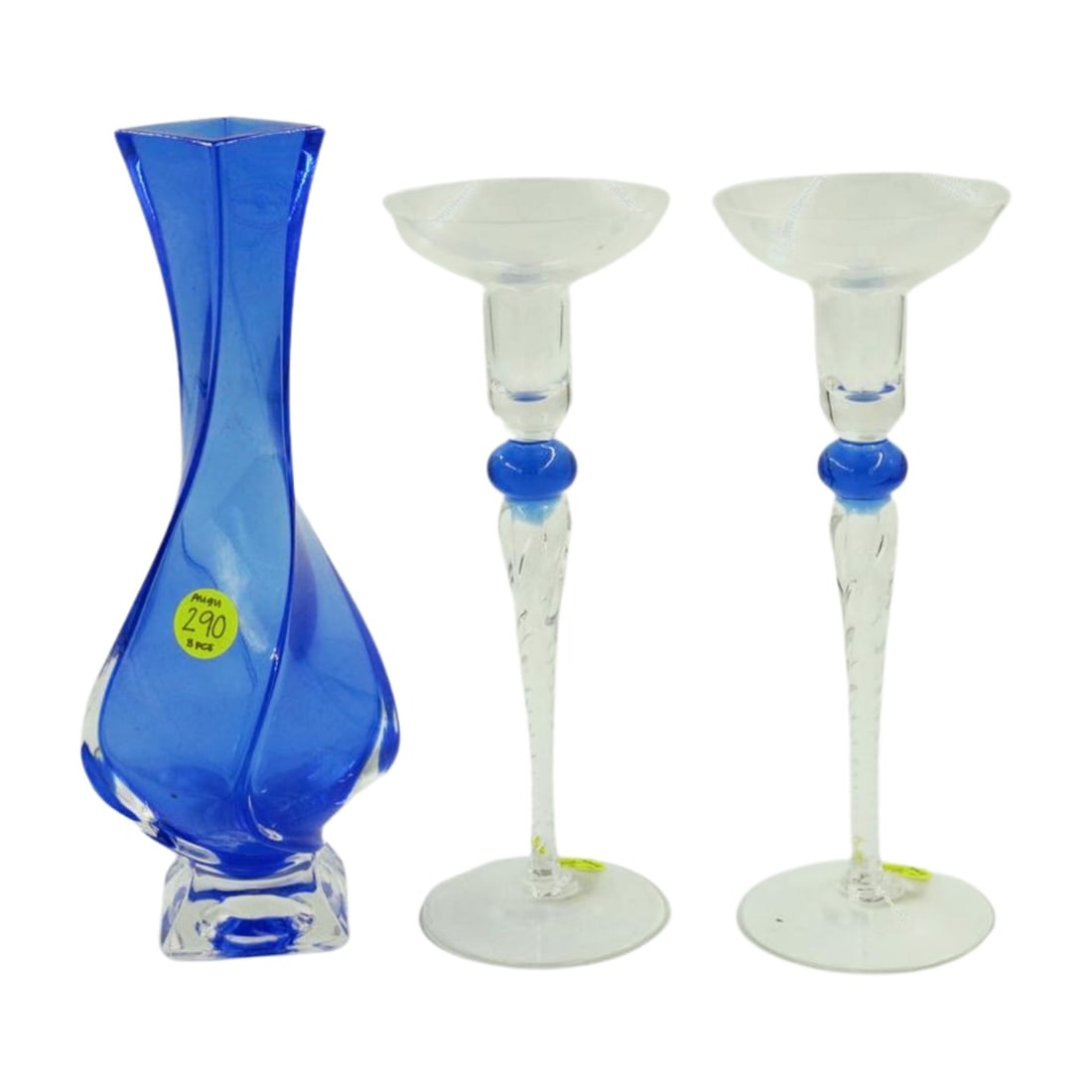 3 PIECE DECORATIVE BLUE MURANO GLASS VASE AND CANDLESTICKS (1 of 1)