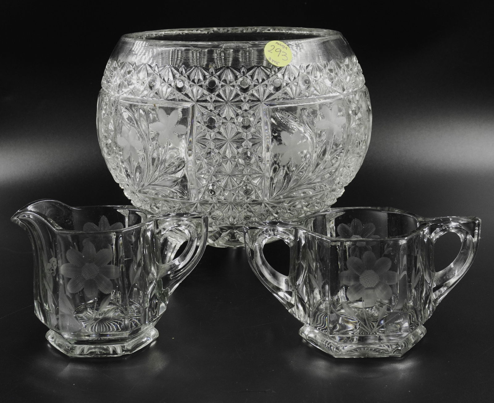 VINTAGE POLISH CUT CRYSTAL FOOTED SERVING BOWL WITH MATCHING CREAM AND SUGAR PITCHERS (1 of 8)