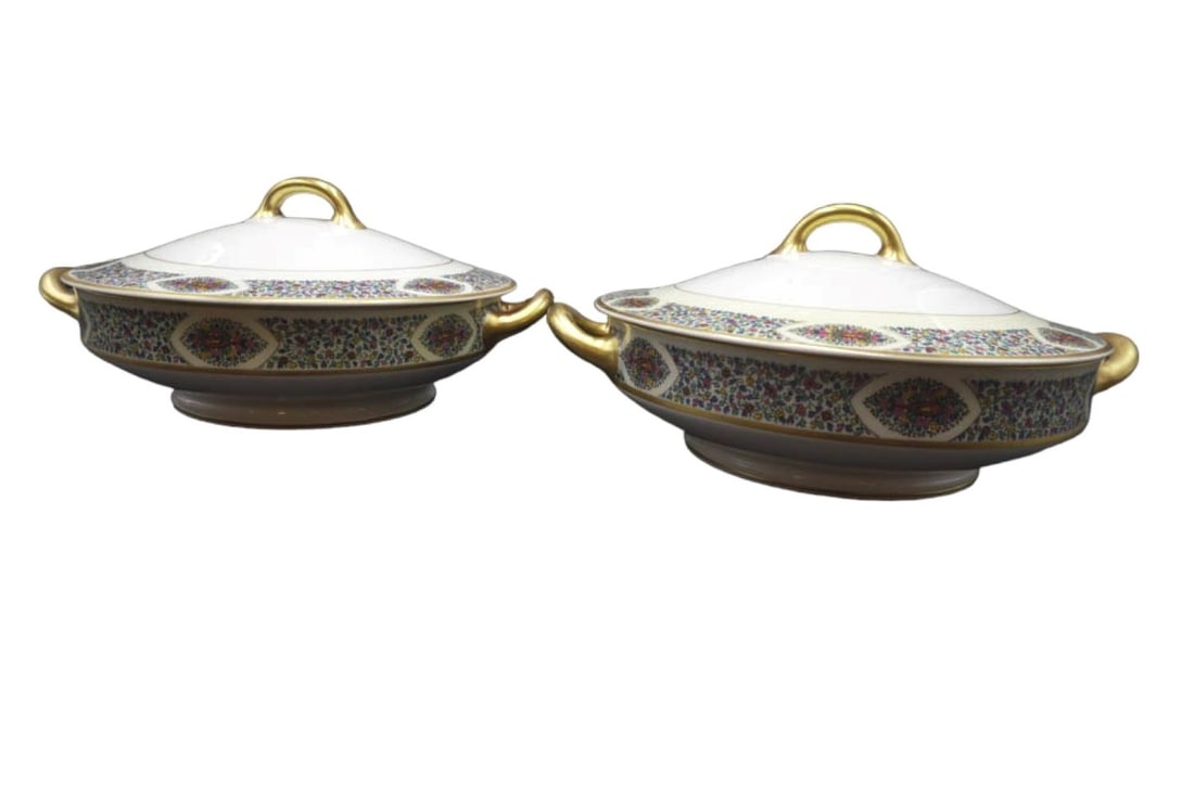 PAIR HAVILAND LIMOGES FANTAISIE COVERED VEGETABLE: Matched Pair of Haviland Limoges Fantaisie Round Covered Vegetables. Each 10"x8"x5". Combined weight 4 lbs.