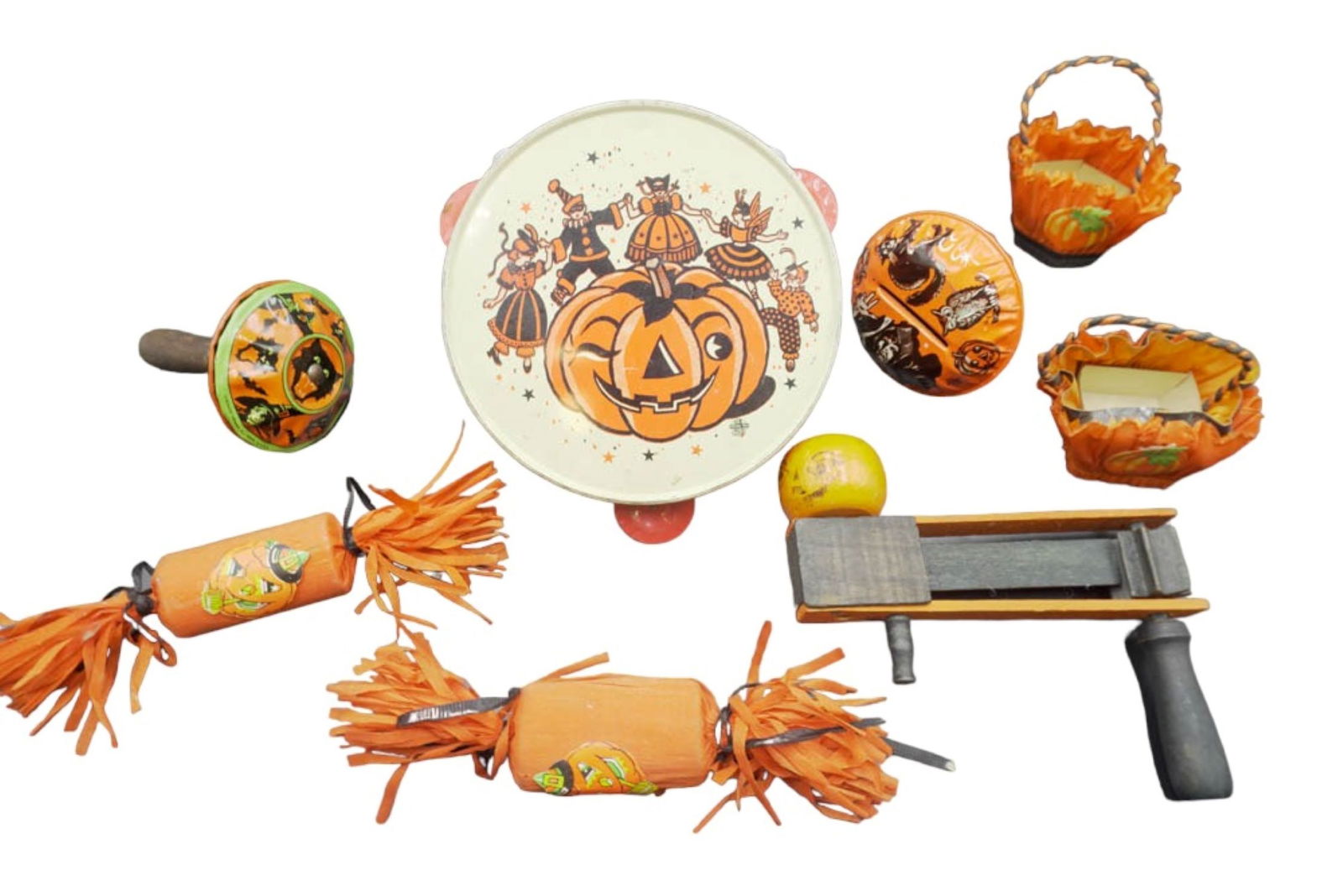 8 pc VINTAGE HALLOWEEN TIN LITHO & CREPE NOISE MAKERS & DECOR (1 of 11)
