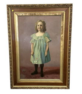 EDWARDIAN OIL PAINTING PORTRAIT YOUNG GIRL: Large Edwardian Oil Painting of a young girl. Signed George Mally and dated 1901. In Antique Gilt Wood carved frame. Measures 36.5"x49.5"x2.25". Weight 23 pds.