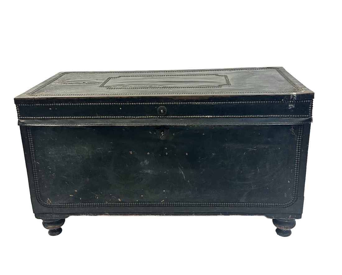 LARGE ANTIQUE LEATHER COVERED TRUNK (1 of 6)