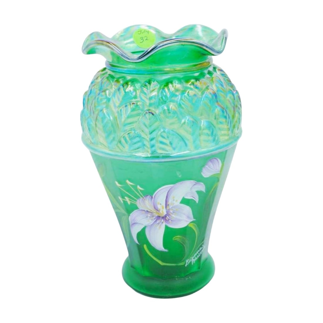 FENTON ART GLASS GREEN IRIDESCENT LILIES VASE (1 of 6)