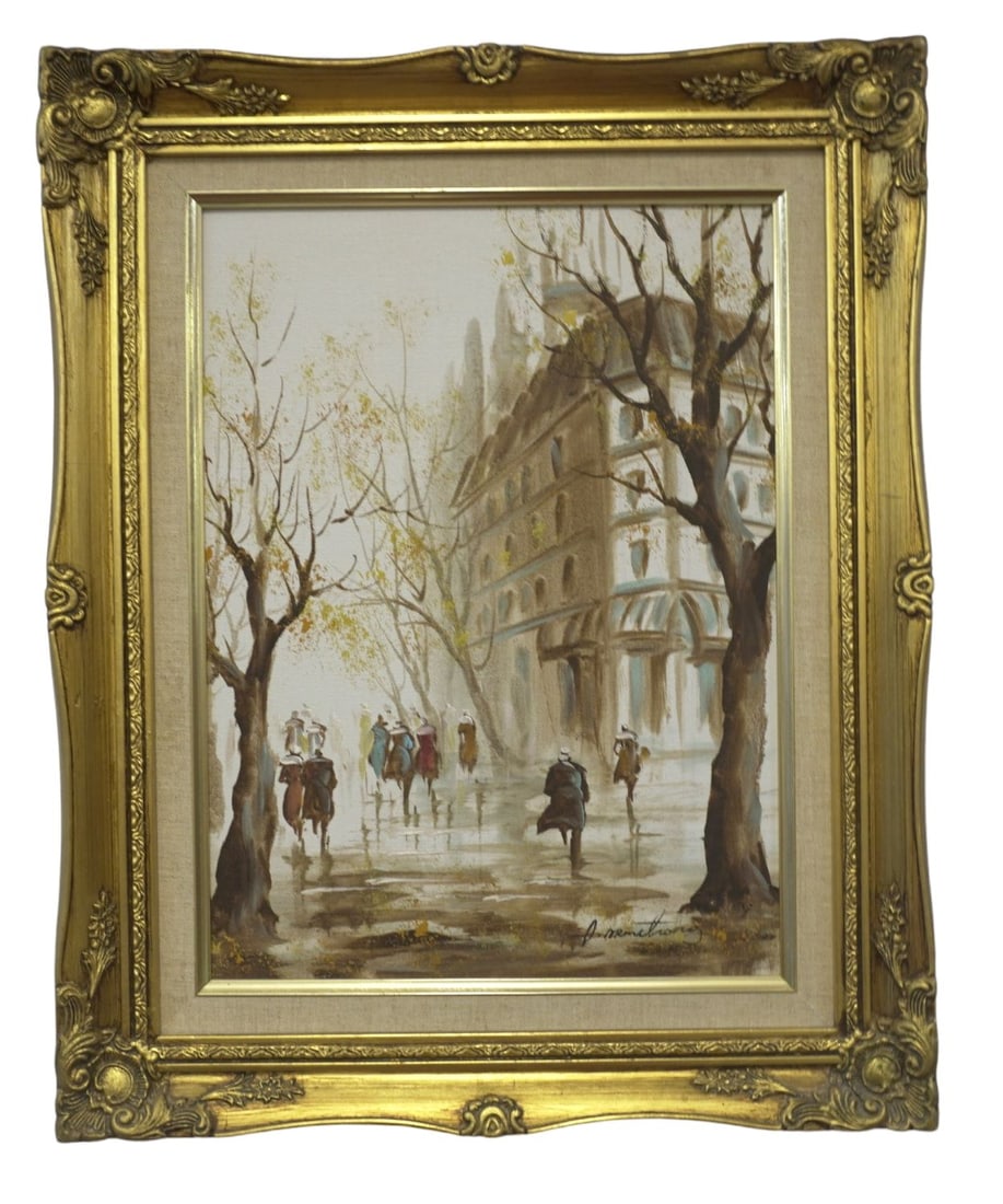MCM QUAI D'ORSAY PAINTING ARMSTRONG: Mid Century Oil on Canvas Rainy Day on the Quai d'Orsay signed Armstrong. Professionally framed with linen liner. In frame 17.5"x11"x1.5". Weight 3 lbs.