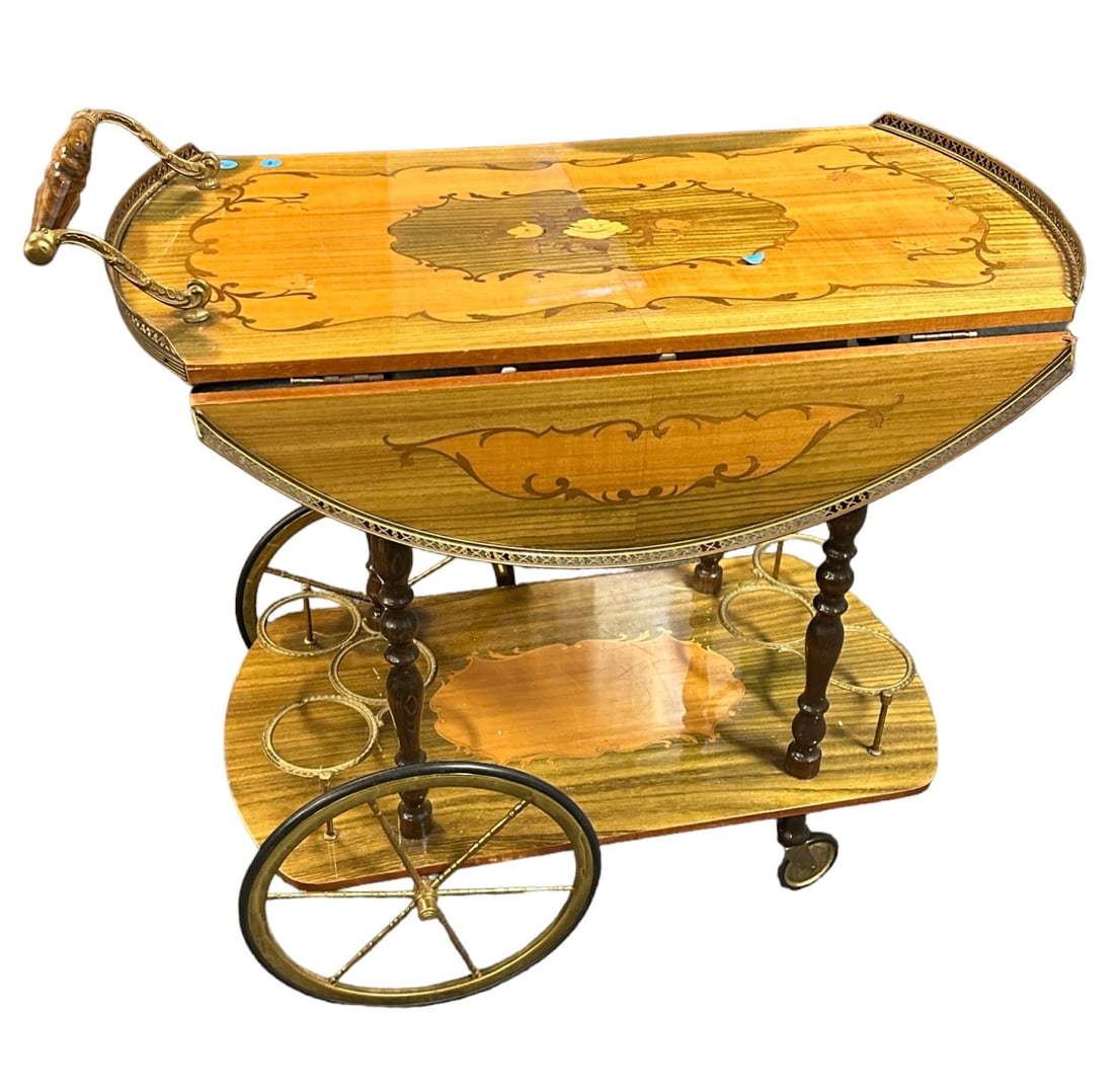 MID CENTURY ITALIAN DROP LEAF MARQUETRY BAR CART/ SERVICE TROLLEY (1 of 9)