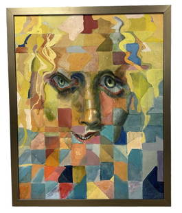 JAMES BOYLE (American, 20th c) OIL ON CANVAS: Contemporary Abstract Oil on Canvas Mosaic Portrait by James Boyle (American, 20th c). Professionally framed. In frame 26"x32"x1". Weight 4 lbs 6 oz.