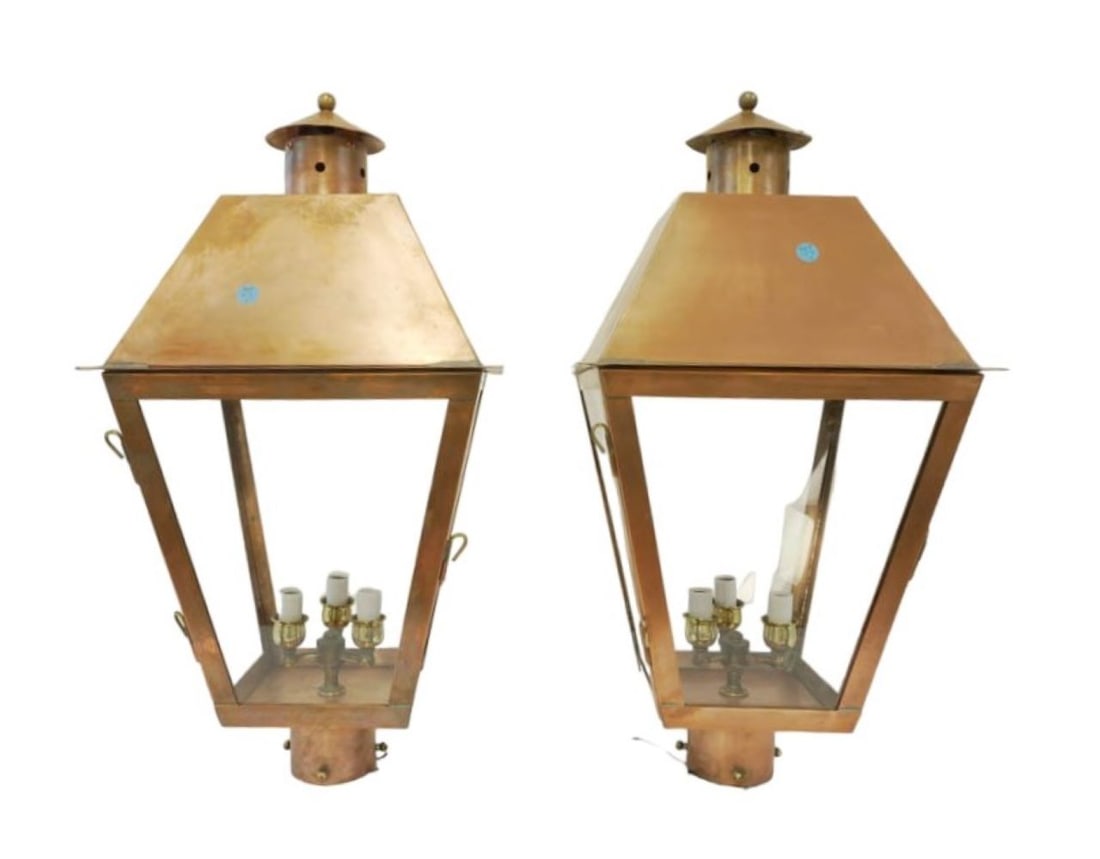 PAIR CHARLESTON COPPER POST MOUNT LANTERNS (1 of 13)