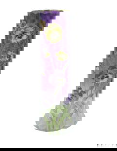 MOSER ART NOUVEAU 14" ENAMELED PANSIES VASE: Early 20th Century Moser Art Nouveau glass vases of tapered and fluted cylindrical form, transfer and enamel decorated with pansies and foliage over a graduated amethyst to clear ground. A similar ame