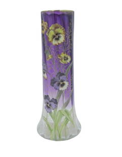 MOSER ART NOUVEAU 14" ENAMELED PANSIES VASE: Early 20th Century Moser Art Nouveau glass vases of tapered and fluted cylindrical form, transfer and enamel decorated with pansies and foliage over a graduated amethyst to clear ground. A similar