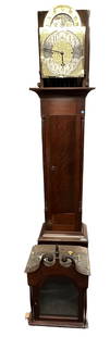 ANTIQUE ENGLISH TALL CASE CLOCK: Antique English Tall Case Cock. The hood with swan-neck pediment and columns, the trunk with quarter columns, brass lunar dial. Complete with weights and pendulum. The clock was running at time of