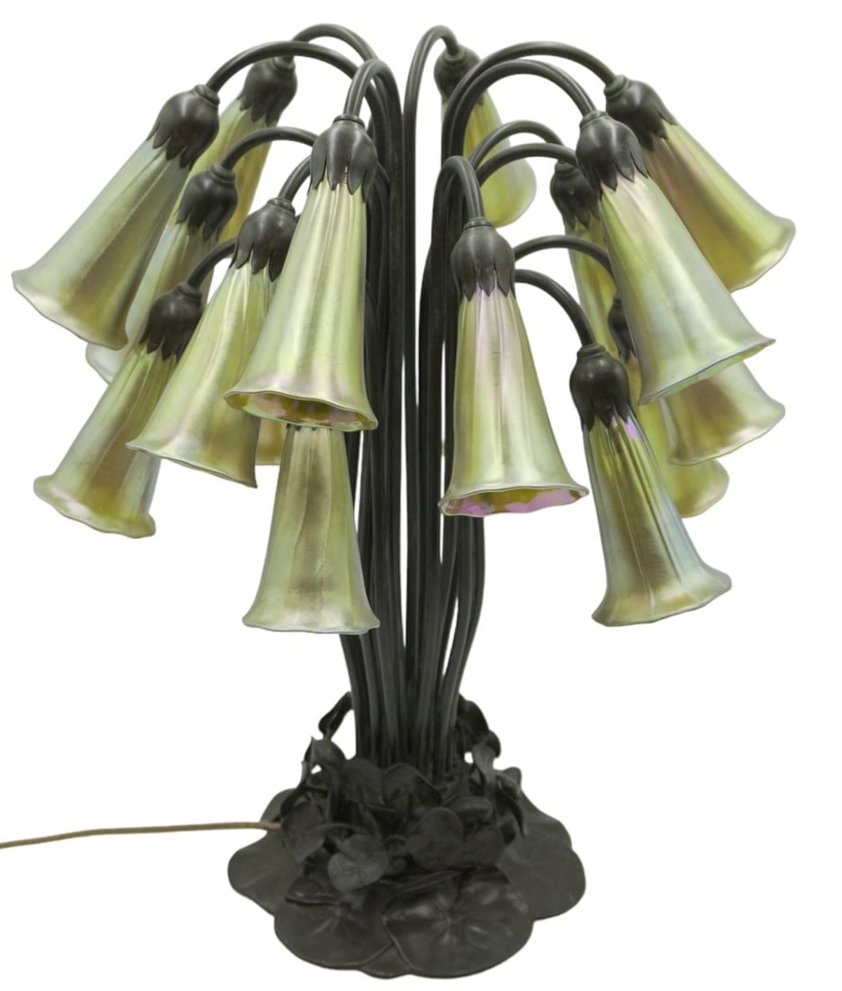 PATINATED BRONZE AND GLASS EIGHTEEN-LIGHT LILY LAMP (1 of 6)