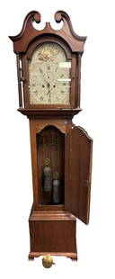 ANTIQUE SCOTTISH TALL CASE CLOCK: Antique Scottish Tall Case Clock. With painted arched dial inscribed "Ja. Rodger, Aberdeen", oak, mahogany and ash case with broken arch pediment and inlaid rosettes, with period weight and pendulum,