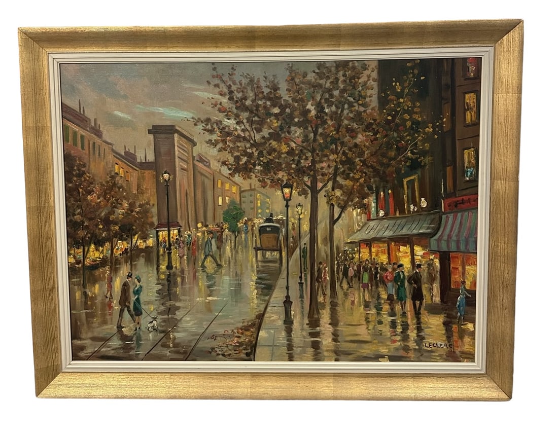 LECLERC IMPRESSIONIST PARIS OIL ON CANVAS: Large Post World War I Impressionist "The Arch of Porte Saint Martin" Paris, signed Leclerc lower right. Attributed to Leon Leclerc (1866-1930). In wood frame measures 46"x36"x2". Weight 15 lbs.