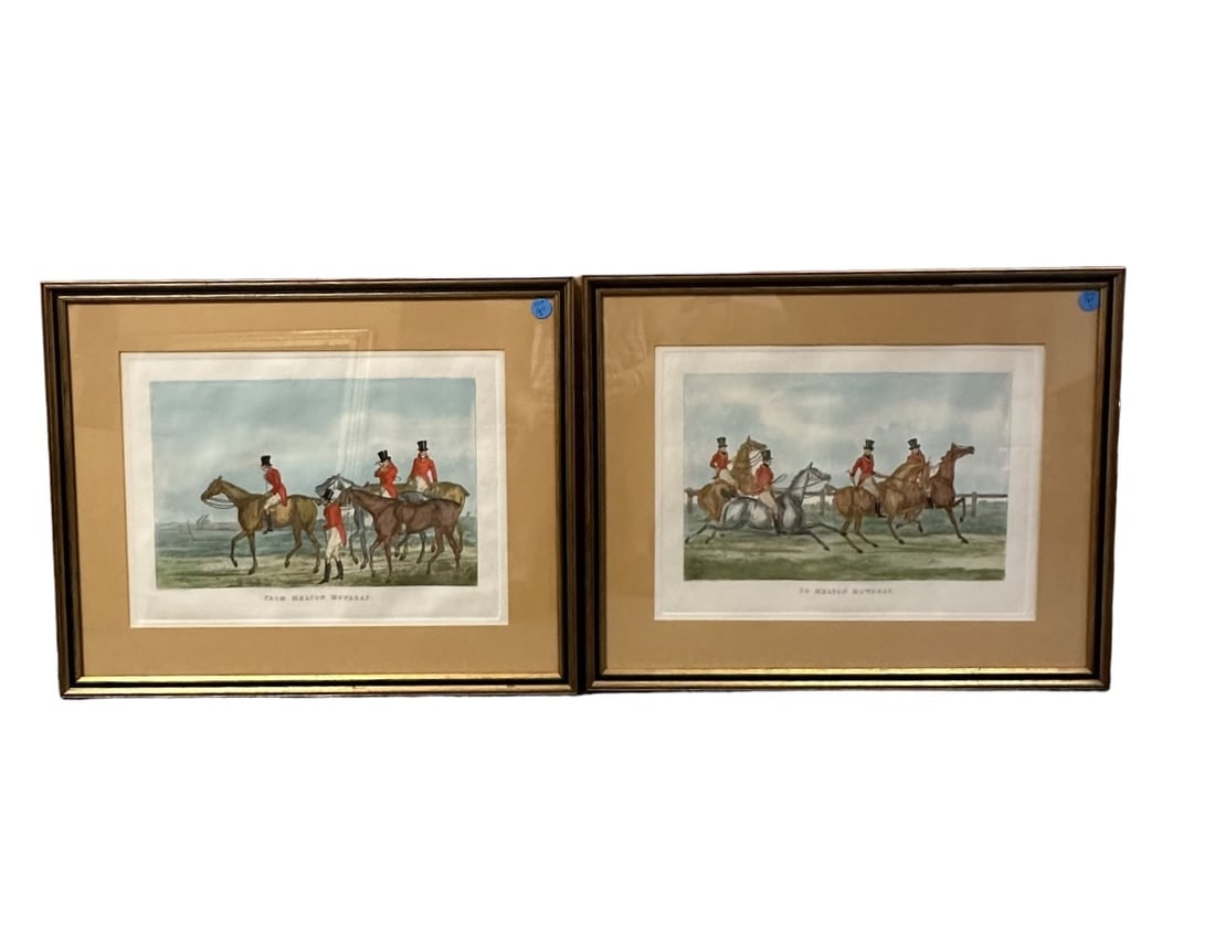 PAIR AQUATINT HENRY THOMAS ALKEN ENGRAVINGS: Two Antique Henry Thomas Alken Hand Colored Aquatint Hunt Engravings. "To Melton Mowbray" and From Melton Mowbray". Drawn and engraved by H. Alken. Professionally framed and matted. In frame each 20"x