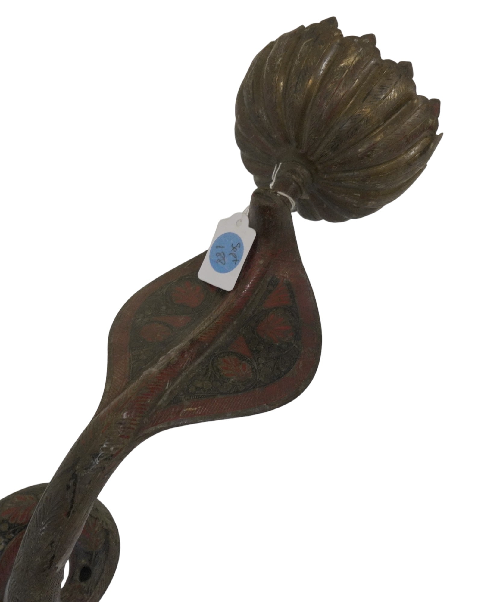 EGYPTIAN REVIVAL BRONZE SNAKE SCONCE: Antique Egyptian Revival cobra form sconce crafted in bronze with etched floral designs highlighted with red and black polychrome enamel. Measures 4"x4"x36"x38". Weight 5 lbs.