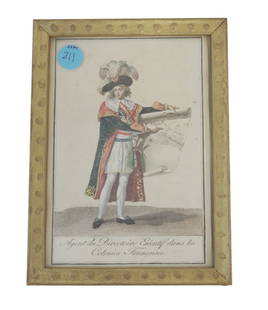 ANTIQUE FRENCH ENGRAVING OF GOVERNMENT OFFICIAL: Antique French engraving depicting the Agent of the Executive Directory in the colonies in full regalia circa late 1700s. Measurements are 5.5" wide and 8" tall. Total lot weight is 6.3 oz.