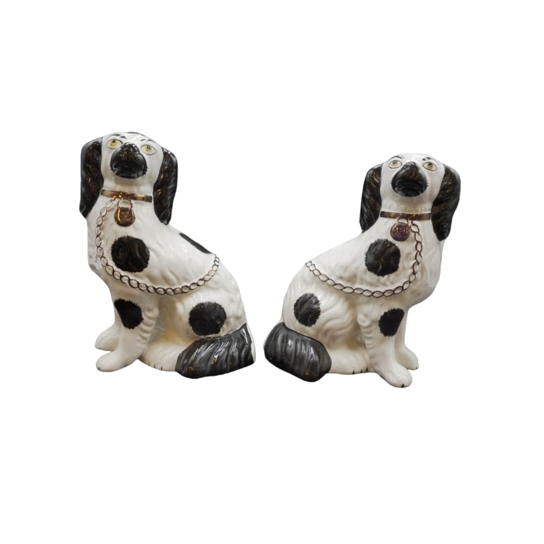 PAIR BLACK AND WHITE STAFFORDSHIRE CERAMIC DOGS (1 of 10)