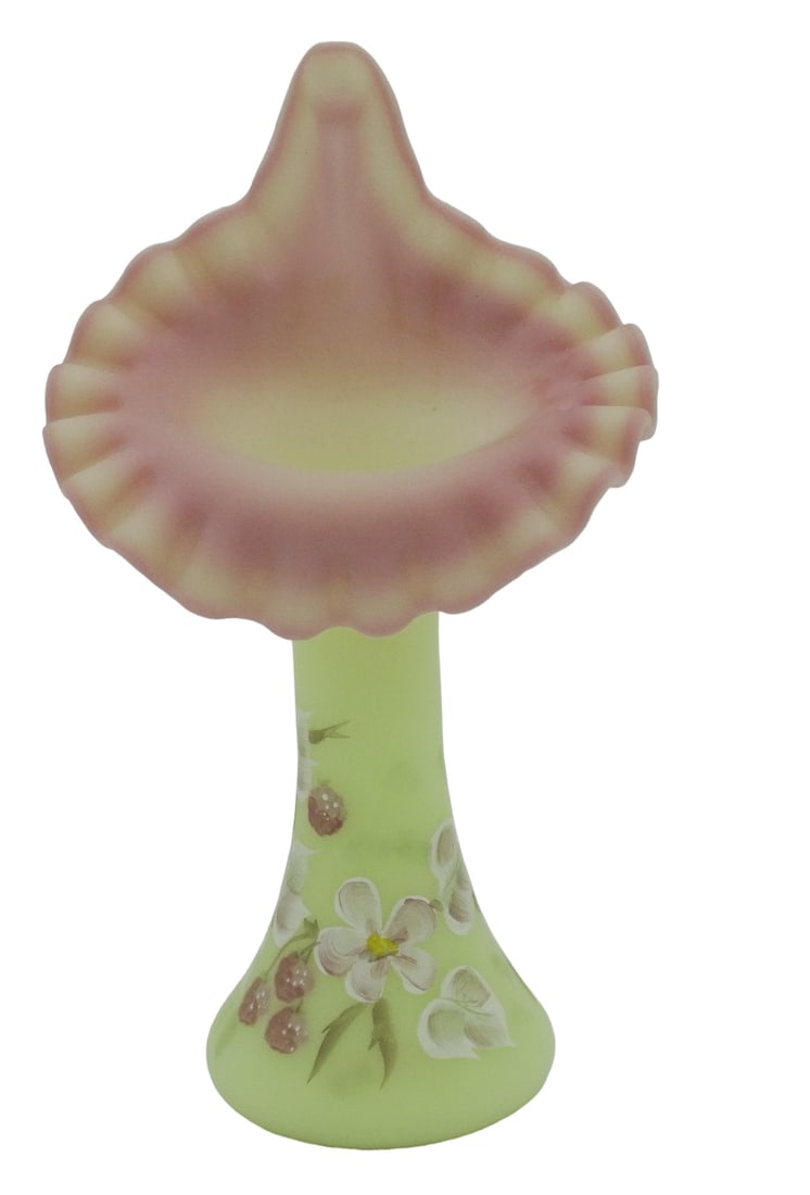FENTON BURMESE JIP STRAWBERRY VASE: Fenton Burmese Jack in the pulpit Hand Painted Strawberry Vase. Limited Edition #764/1500. Great Glow. 4"x4"x7". Weight 9 oz. PROVENANCE: The estate of a Charleston SC Fenton Dealer and noted Glass Co