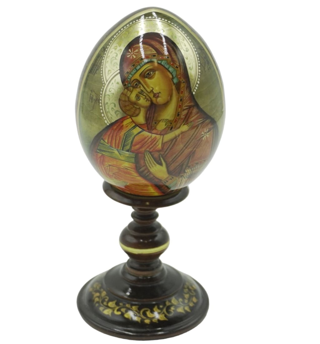 HAND PAINTED HOLY MOTHER AND CHILD RUSSIAN ORTHODOX WOODEN EASTER EGG (1 of 7)