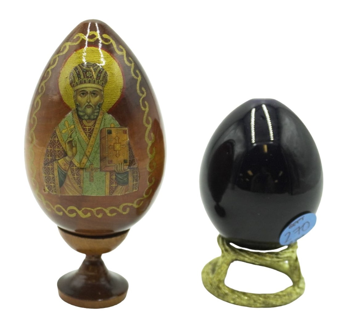 PAIR RUSSIAN CERAMIC AND WOOD RUSSIAN EASTER EGGS (1 of 2)