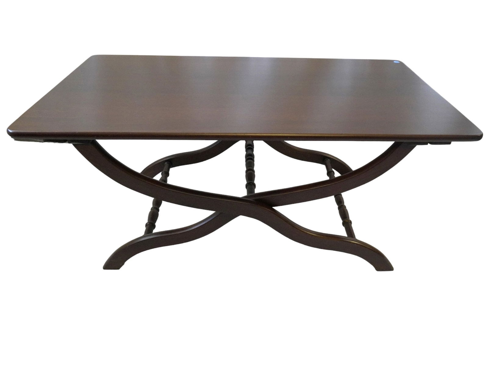 FEDERAL STYLE COFFEE TABLE CURULE LEGS: Federal Style Coffee Table. Having a rectangular gallery top on curule legs joined by an turned stretchers. 40"x22"x19". PROVENANCE: The Historic Colonel John Ashe House, 32 South Battery, Charleston,